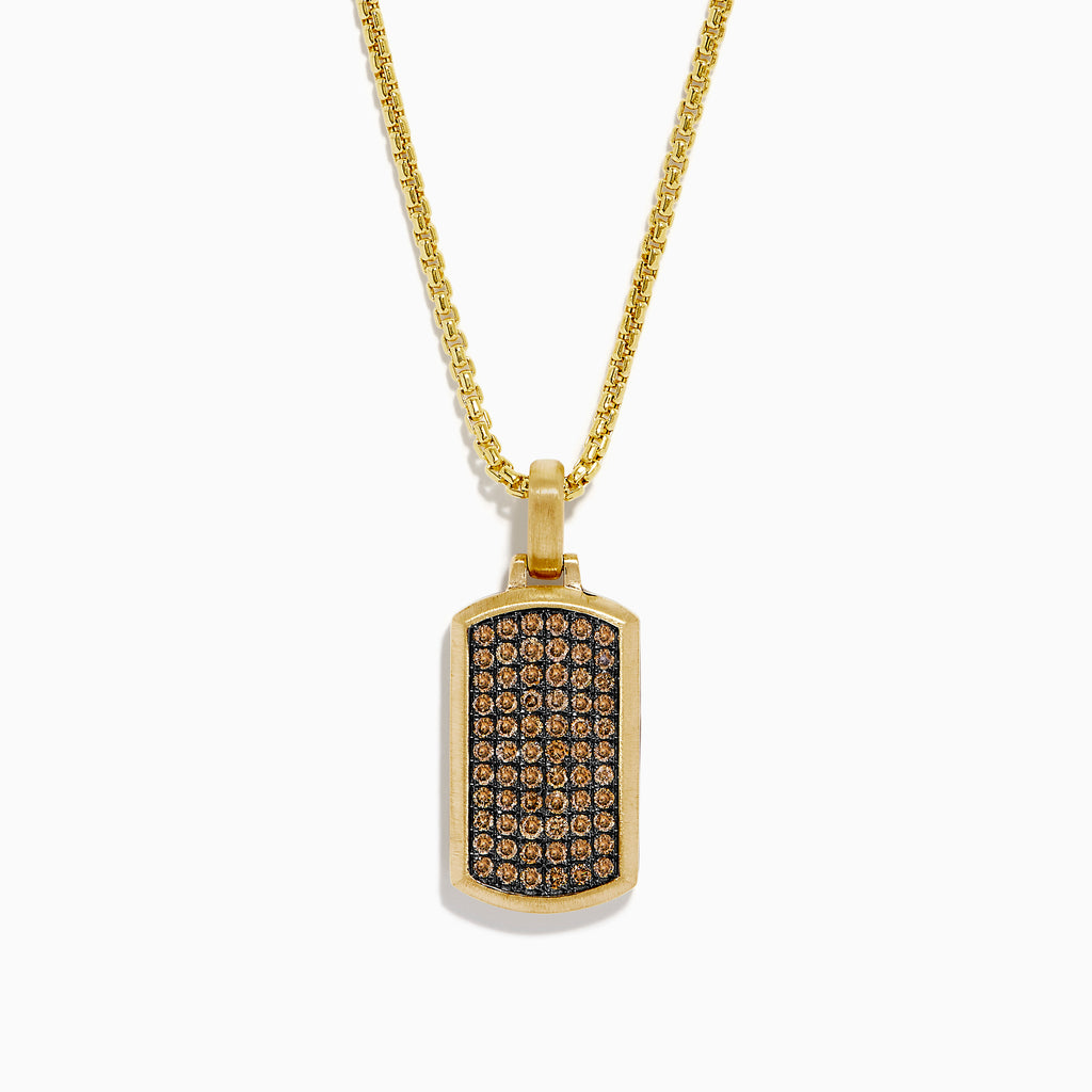 The Men's 14K Yellow Gold Brown Diamond Dog Tag Pendant features rows of small round brown diamonds set in a precise grid on a rectangular yellow gold dog tag.