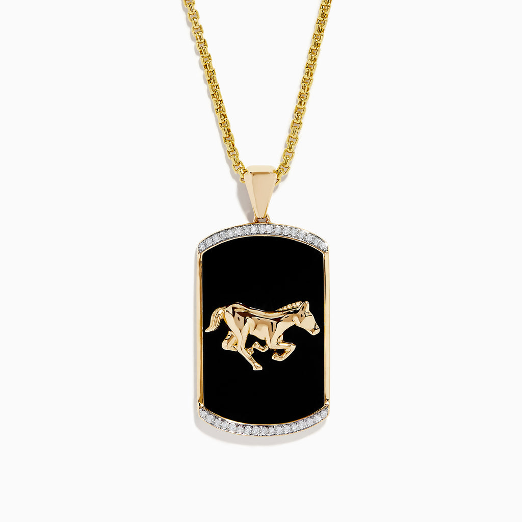 Mens 14K Yellow Gold Onyx and Diamond Horse Pendant featuring a raised gold horse on a rectangular onyx and bordered by small white diamonds.