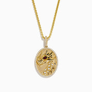 Mens 14K Yellow Gold Diamond and Ruby Dragon Pendant featuring an engraved dragon head with a ruby eye, bordered by diamonds on an oval medallion and hung on a gold chain—a bold and striking men’s jewelry choice.