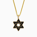 The Novelty 14K Yellow Gold Black and White Diamond Star of David Pendant features a yellow gold chain and pendant with diamond accents, displayed against a white background.