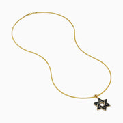 The Novelty 14K Yellow Gold Black and White Diamond Star of David Pendant features a yellow gold chain and pendant with diamond accents, displayed against a white background.