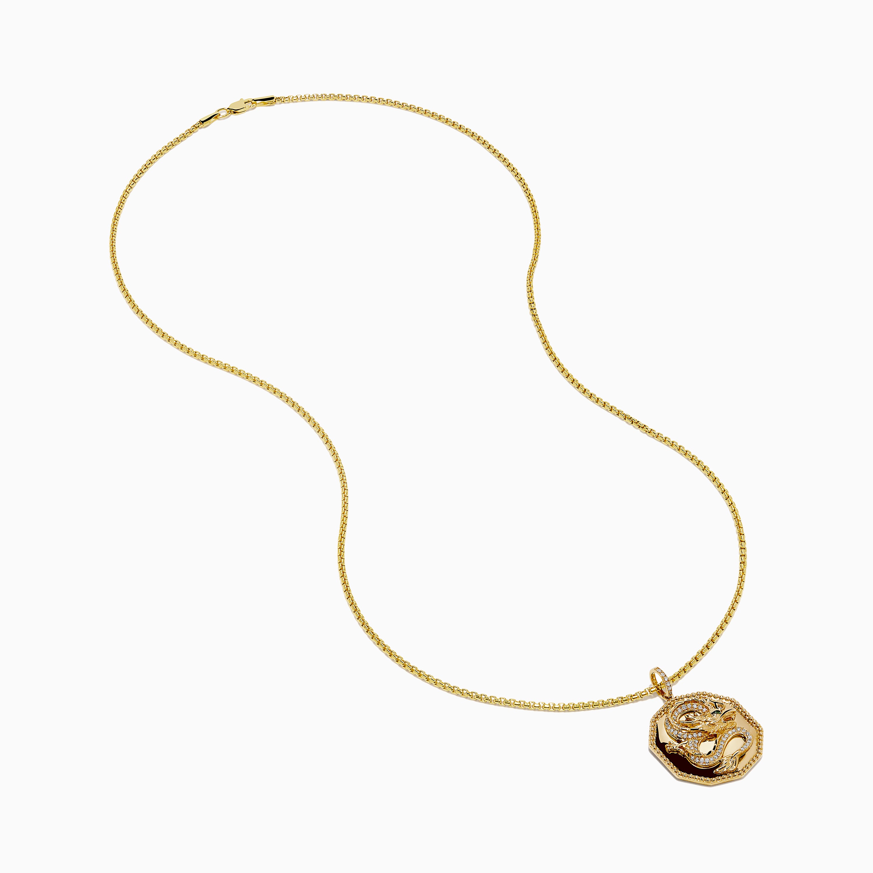 The Men's 14K Yellow Gold Diamond Dragon Pendant showcases an octagonal design with textured details, clear stones, and a vivid green stone eye, all suspended from a classic gold chain.