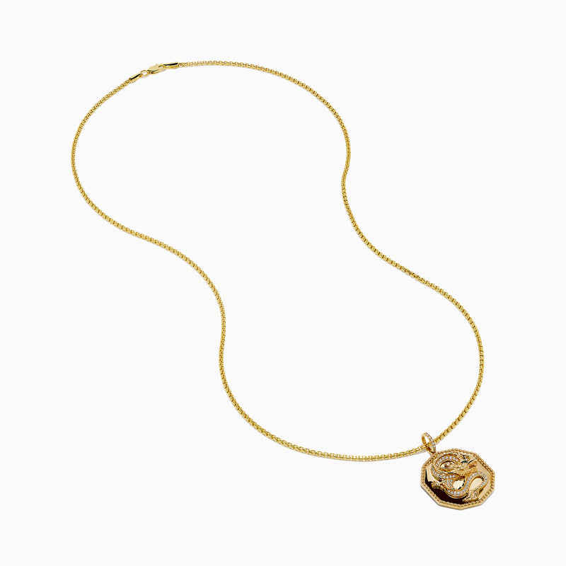 The Men's 14K Yellow Gold Diamond Dragon Pendant showcases an octagonal design with textured details, clear stones, and a vivid green stone eye, all suspended from a classic gold chain.