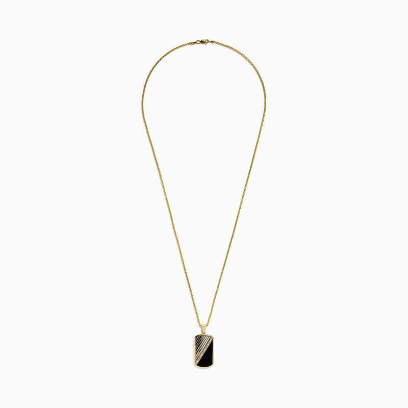 The Men's 14K Yellow Gold Onyx and Diamond Dog Tag Pendant features a rectangular design with diagonal gold and black onyx sections, separated by dazzling diamonds for a bold, modern look.