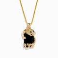 The Men's 14K Yellow Gold Onyx and Diamond Dragon Dog Tag Pendant features a detailed gold dragon wrapped around an onyx and diamond-accented rectangular stone, with a sparkling clear-stone head and green gem eye.