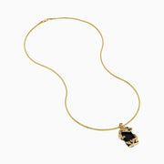 The Men's 14K Yellow Gold Onyx and Diamond Dragon Dog Tag Pendant features a detailed gold dragon wrapped around an onyx and diamond-accented rectangular stone, with a sparkling clear-stone head and green gem eye.