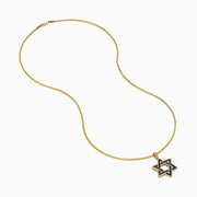 Men's 14K yellow gold Star of David pendant, detailed with black and white diamonds that highlight the iconic design.