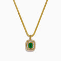 The 14K Yellow Gold Emerald and Diamond Double Halo Pendant showcases a rectangular green emerald surrounded by two sparkling diamond halos, displayed on a white background.