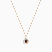 The Espresso 14K Rose Gold Brown and White Diamond Pendant features a square espresso charm with a brown center stone, accented by white diamonds, on a delicate rose gold chain and shown against a white background.