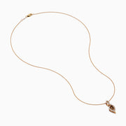 The Espresso 14K Rose Gold Brown and White Diamond Pendant features an oval brown gemstone surrounded by white diamonds in a swirling design, gracefully hanging from a delicate rose gold chain.