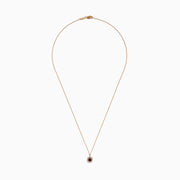 The Espresso 14K Rose Gold Brown and White Diamond Pendant features a square design with a central espresso gemstone, surrounded by clear sparkling stones on a rose gold chain.
