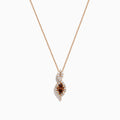 The 14K Rose Gold Brown and White Diamond Pendant features a marquise-shaped brown gemstone at its center, highlighted by a twisting design set with sparkling brown and white diamonds.