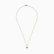 A 14K rose gold chain necklace featuring a pendant with brown and white diamonds.