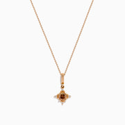 A 14K rose gold chain necklace featuring a pendant with brown and white diamonds.