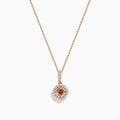 The Espresso 14K Rose Gold Brown and White Diamond Pendant features a delicate gold chain with a round brown gemstone center, haloed by small white diamonds, all set in elegant 14K rose gold.