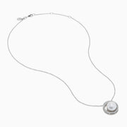 The 14K White Gold Fresh Water Pearl and Diamond Pendant features a round pendant with a central freshwater pearl, surrounded by sparkling diamonds, hanging from a fine white gold chain for an elegant look.