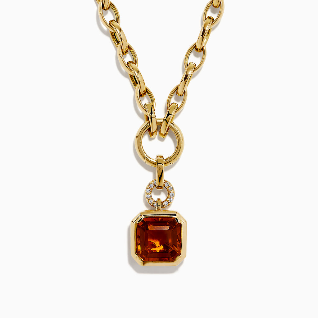 The Sunset 14K Yellow Gold Citrine and Diamond Pendant showcases a circular diamond loop holding a large, emerald-cut citrine gemstone for an elegant, eye-catching look.