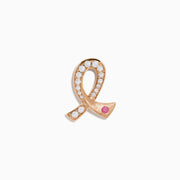 The Novelty 14K Rose Gold Pink Sapphire & Diamond Pink Ribbon Pin sparkles with white diamonds and a pink sapphire, elegantly displayed against a white background.