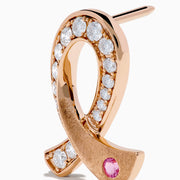 The Novelty 14K Rose Gold Pink Sapphire & Diamond Pink Ribbon Pin sparkles with white diamonds and a pink sapphire, elegantly displayed against a white background.