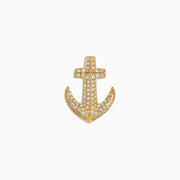 A 14K Yellow Gold Diamond Anchor Lapel Pin featuring sparkling white stones is displayed on a plain white background.