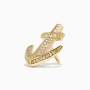 A 14K Yellow Gold Diamond Anchor Lapel Pin featuring sparkling white stones is displayed on a plain white background.