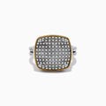 The 925 Sterling Silver/18K Yellow Gold Diamond Ring features a square diamond-encrusted face bordered by a slim gold edge and a split shank band, set against a plain white background.