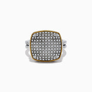 The 925 Sterling Silver/18K Yellow Gold Diamond Ring features a square diamond-encrusted face bordered by a slim gold edge and a split shank band, set against a plain white background.