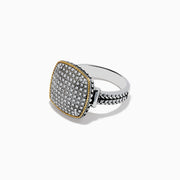 The 925 Sterling Silver/18K Yellow Gold Diamond Ring features a square diamond-encrusted face bordered by a slim gold edge and a split shank band, set against a plain white background.