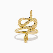 The 14K Yellow Gold Snake Ring features a coiled serpent design with detailed scales, elegantly wrapping around the finger. Displayed against a plain white background, this striking ring is crafted in yellow gold.