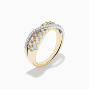 The 14K Two Tone Gold Diamond Criss Cross Ring features two overlapping bands, one set with white diamonds and the other with alternating white and yellow diamonds, finished with elegant polish and intricate detailing.