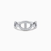 The 925 Sterling Silver Diamond Interlocking Links Ring features an oval centerpiece with small diamonds, an openwork design, and interlocking links on the band, shown against a white background.