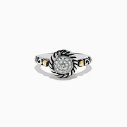 The 925 Sterling Silver and 18K Yellow Gold Diamond Ring features a round, textured centerpiece with small diamonds and elegant swirling designs around the main setting.