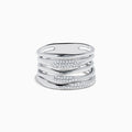 The 925 Sterling Silver Diamond Stacked Ring features four wavy stacked bands, each accented with white stone clusters for a modern, elegant look. Displayed on a plain white background.