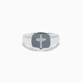 The 925 Sterling Silver Diamond Cross Ring features a flat, oval top with a raised diamond cross set with small white stones against a black background, creating a simple and elegant design.
