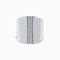 The 925 Sterling Silver Diamond Ring features a wide, polished band with three vertical rows of sparkling diamonds set in the center against a plain white background.