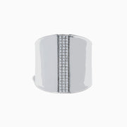 The 925 Sterling Silver Diamond Ring features a wide, polished band with three vertical rows of sparkling diamonds set in the center against a plain white background.
