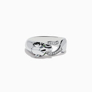 The 925 Sterling Silver Tsavorite and Diamond Panther Ring features a sculpted panther head with tsavorite eyes, black enamel spots, and diamond mouth details, shown on a plain white background.