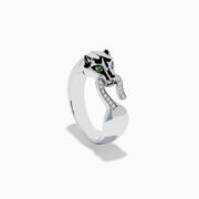 The 925 Sterling Silver Tsavorite and Diamond Panther Ring features a sculpted panther head with tsavorite eyes, black enamel spots, and diamond mouth details, shown on a plain white background.