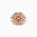 The 14K Rose Gold Morganite and Diamond Geometric Cocktail Ring showcases a large square peach morganite center, framed by two rows of sparkling white diamonds in a geometric halo, set against a white background.