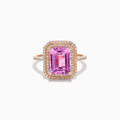 The 14K Rose Gold Kunzite and Diamond Double Halo Ring features a rectangular pink Kunzite, framed by two rows of diamonds on a rose gold band, presented against a plain white background.