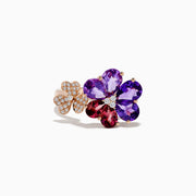 The 14K Rose Gold Amethyst and Pink Tourmaline Flower Ring features a large flower with amethyst and pink tourmaline petals, a diamond center, and a smaller flower accented with diamonds—all set in rose gold.