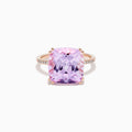 The 14K Rose Gold Kunzite and Diamond Ring features a striking cushion-cut kunzite gemstone at the center, accented with sparkling diamonds along the band.