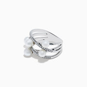 The 14K White Gold Fresh Water Pearl and Diamond Ring features three crisscrossing bands, each set with sparkling diamonds and five elegant freshwater pearls arranged along the bands.