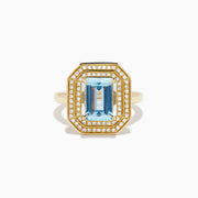 14K Yellow Gold Aquamarine and Diamond Double Halo Emerald-Cut Ring