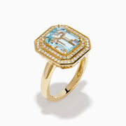 14K Yellow Gold Aquamarine and Diamond Double Halo Emerald-Cut Ring