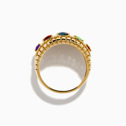 The Mosaic 14K Yellow Gold Mix Stone Ring showcases five oval gemstones—green, light green, blue, orange, and purple—each accented with round diamonds on a detailed gold band.