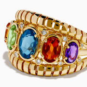 The Mosaic 14K Yellow Gold Mix Stone Ring showcases five oval gemstones—green, light green, blue, orange, and purple—each accented with round diamonds on a detailed gold band.