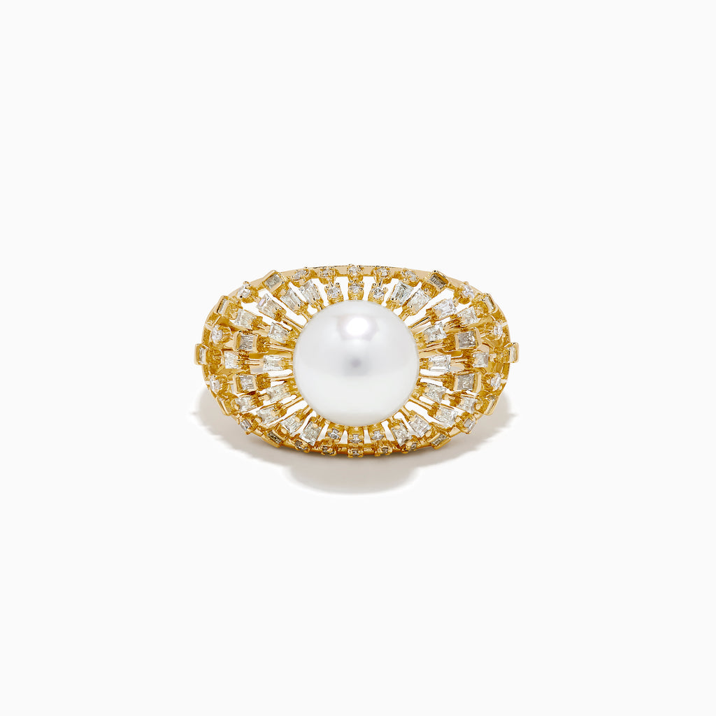 The 14K Yellow Gold Freshwater Pearl and Diamond Sunburst Ring features a central round freshwater pearl, accented by a halo of baguette-cut diamonds in a radiant sunburst design.