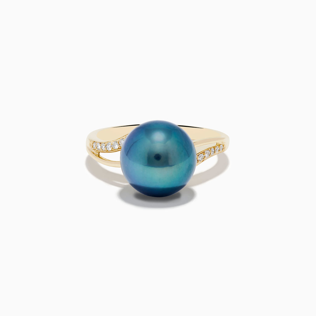 The 14K Yellow Gold Diamond Black Tahitian Pearl Ring features a striking round black Tahitian pearl at the center, accented by diamonds set along each side of the elegant split band.