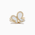 The Nature 14K Yellow Gold Mother Of Pearl and Diamond Butterfly Ring, with lustrous wings and a sparkling diamond border, is displayed on a plain white background.